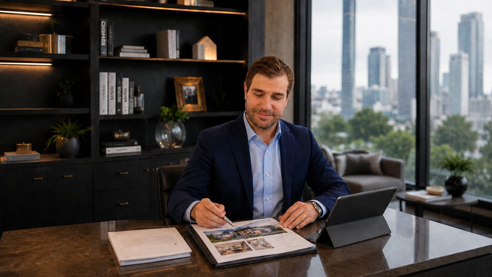 Matt Caiola reviewing comparable home sales at his desk
